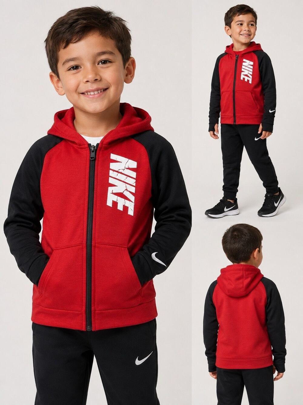Nike Therma-FIT Boys Size 6 Full Zip Hoodie Red Black Logo Athletic Jacket
